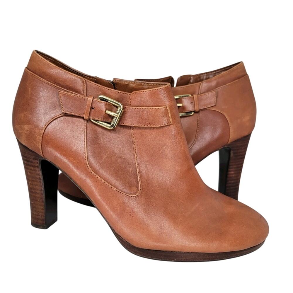 Lauren Ralph Lauren Maleah Whisky Brown Leather Stacked Heel Ankle Bootie Sz 10